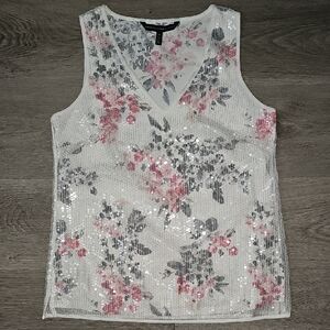 White House Black Market Pink and Gray Sequin Blouse